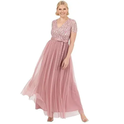 Produktbild: Maya Deluxe Damen Maxi Dress for Women Ladies Bridesmaid V-Neck Ball Gown Short Sleeves Long Elegant Empire Waist Wedding Brautjungfernkleid, Vinatge Rose, 56