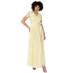 Produktbild: Maya Deluxe Damen Maxi Dress for Women Ladies Bridesmaid V-Neck Ball Gown Short Sleeves Long Elegant Empire Waist Wedding Brautjungfernkleid, Zitronengelb, 56