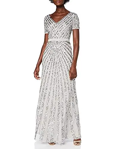 Produktbild: Maya Deluxe Damen Maxi Women's Embellished Sequin Long Short Sleeve V Neck High Empire Waist Cut Shiny Prom We Bridesmaid Dress, Grau, 40 EU