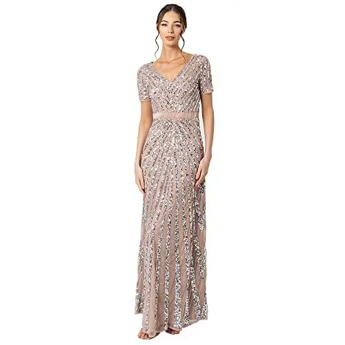 Produktbild: Maya Deluxe Damen Maxi Women's Embellished Sequin Long Short Sleeve V Neck High Empire Waist Cut Shiny Prom We Bridesmaid Dress, Taupe, 44 EU
