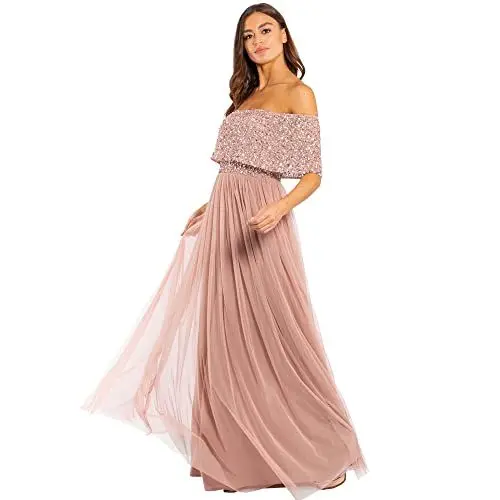 Produktbild: Maya Deluxe Damen Maya Deluxe Abendkleid Damen Brautjungfernkleid Bardot Paillettenverzierung Abendkleid Elegant für H Bridesmaid Dress, Pale Mauve, 42 EU