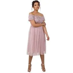 Produktbild: Maya Deluxe Damen Maya Deluxe Bardot Embellished Midi Bridesmaid Dress, Frosted Pink, Gr. 42 EU