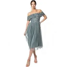 Produktbild: Maya Deluxe Damen Maya Deluxe Bardot Embellished Midi Bridesmaid Dress, Misty Green, 38 EU