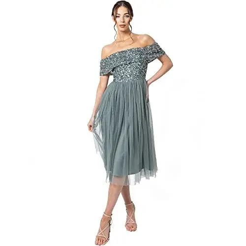Produktbild: Maya Deluxe Damen Maya Deluxe Bardot Embellished Midi Bridesmaid Dress, Misty Green, 38 EU