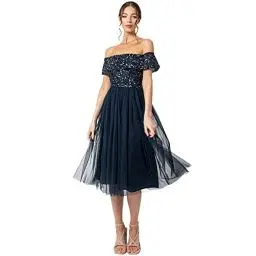 Produktbild: Maya Deluxe Damen Maya Deluxe Bardot Embellished Midi Bridesmaid Dress, Navy, 40 EU