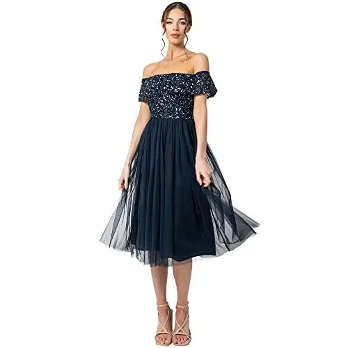 Produktbild: Maya Deluxe Damen Maya Deluxe Bardot Embellished Midi Bridesmaid Dress, Navy, 40 EU