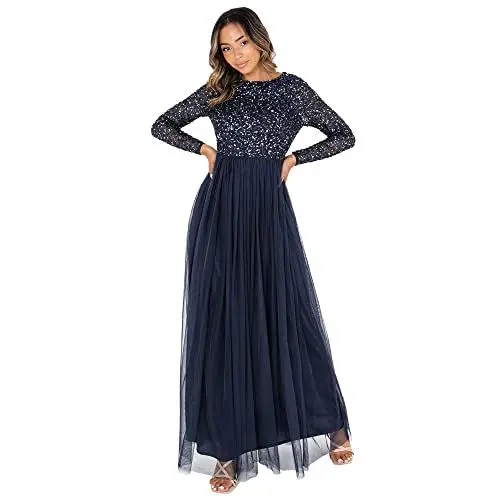 Produktbild: Maya Deluxe Damen Maya Deluxe Damen Green Lily Embellished Long Sleeve Maxi Brautjungfernkleid Bridesmaid Dress, Navy, 48 EU