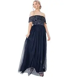 Produktbild: Maya Deluxe Damen Maya Deluxe Women's Bardot for Women Maxi Embellished Hight Empire Waist Sleveless Tulle W Bridesmaid Dress, Navy, 46 EU