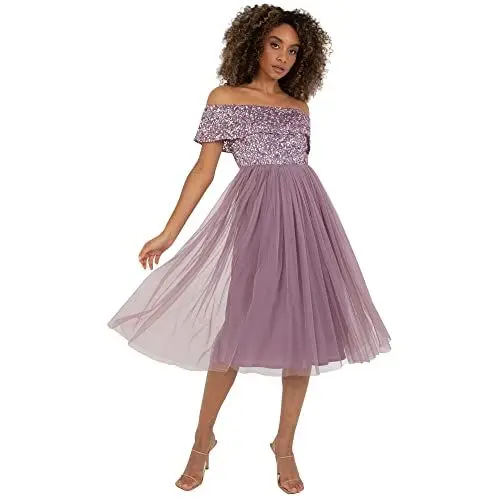 Produktbild: Maya Deluxe Damen Ladies Bardot Dresses Women Midi High Empire Waist Sequins Embellished Formal Evening for Wedding Guest Brautjungfernkleid, Moody Lilac, 16