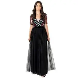 Produktbild: Maya Deluxe Damen Maya Deluxe Maxi Womens Dress Ladies Ball Gown for Wedding Guest Long V Neck Empire Waist Short Sleeve Prom Mesh Black Formales Kleid, Black, 8