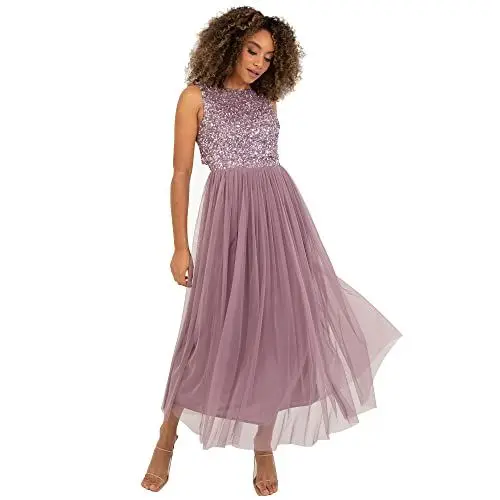 Produktbild: Maya Deluxe Damen Maya Deluxe Midaxi Dress For Women Ladies Sleeveless Sequins High Empire Waist Tulle Embellished For Brautjungfernkleid, Moody Lilac, 56 EU