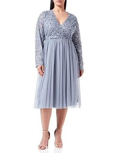 Produktbild: Maya Deluxe Damen Maya Deluxe Midi Elegant Hochzeit Ärmel Tiefer V Ausschnitt Pailletten Cocktailkleid Abschlussball Bridesmaid Dress, Dusty Blue, 42 EU