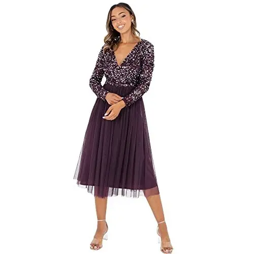 Produktbild: Maya Deluxe Damen Maya Faux Warp Front Embellished Midi Bridesmaid Dress, Berry, 40 EU