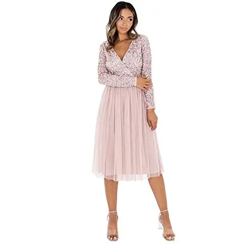 Produktbild: Maya Deluxe Damen Maya Deluxe Midi Elegant Wedding Sleeves Deep V Neck Sequins Cocktail Prom Bridesmaid Dress, Frosted Pink, 38 EU