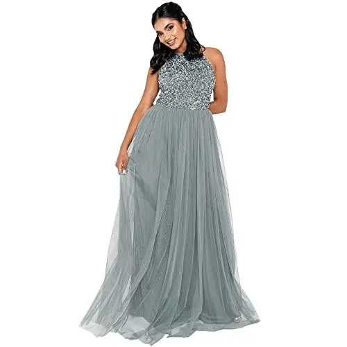 Produktbild: Maya Deluxe Damen Maya Deluxe Misty Green Embellished Houder Neck Maxi Dress Brautjungfernkleid, Misty Green, 56 EU