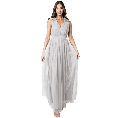 Produktbild: Maya Deluxe Damen Maya Deluxe Ruffle Shoulder Maxi Dress Brautjungfernkleid, Soft Grey, 48 EU