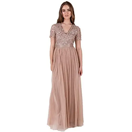 Produktbild: Maya Deluxe Damen Maya Deluxe Stripe Embellished Maxi With Sash Belt Bridesmaid Dress, Taupe Blush, 38 EU