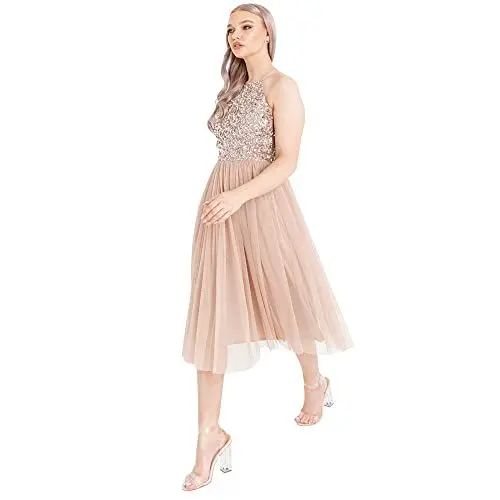 Produktbild: Maya Deluxe Damen Maya Deluxe Embellished Halter Neck Midi Dress Brautjungfernkleid, Taupe Blush, 56 EU