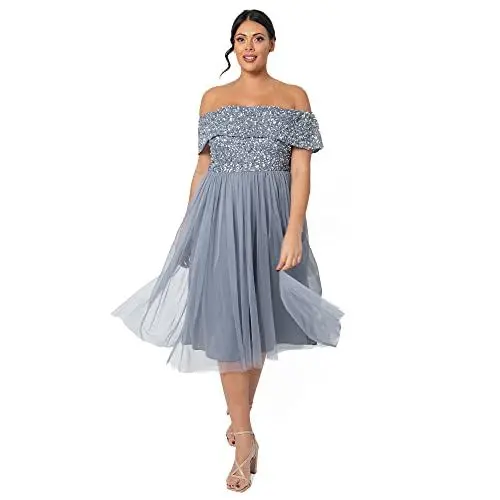 Produktbild: Maya Deluxe Damen Maya Deluxe Women's Bardot Dresses for Women Midi High Empire Waist Sequins Embellished Formal Eveni Bridesmaid Dress, Dusty Blue, 36 EU