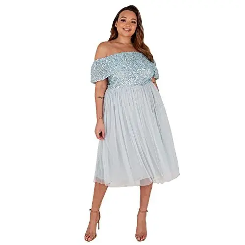 Produktbild: Maya Deluxe Damen Maya Deluxe Women's Bardot Dresses for Women Midi High Empire Waist Sequins Embellished Formal Eveni Bridesmaid Dress, Ice Blue, 40 EU