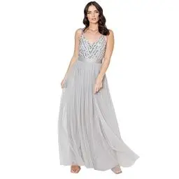 Produktbild: Maya Deluxe Damen Maya Deluxe Women's Maxi Dress Long Wedding Guest Bridesmaid Ball V Neck Wide Straps Brautjungfernkleid, Soft Grey, 50 EU