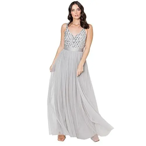 Produktbild: Maya Deluxe Damen Maya Deluxe Women's Maxi Dress Long Wedding Guest Bridesmaid Ball V Neck Wide Straps Brautjungfernkleid, Soft Grey, 50 EU