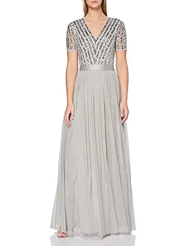 Produktbild: Maya Deluxe Damen Maya Deluxe Women's Maxi V-neck Ball Gown Short Sleeves Long Elegant Empire Waist W Bridesmaid Dress, Soft Grey, 50 EU