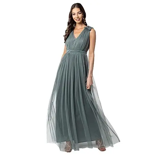 Produktbild: Maya Deluxe Damen Maya Deluxe Women's Maxi With Ruffle V Neck Sleeveless High Empire Waist Long Prom Guest Weddi Bridesmaid Dress, Misty Green, 42 EU