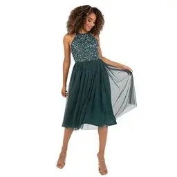 Produktbild: Maya Deluxe Damen Maya Deluxe Women's Midi Dress With Halter Neck Tulle for Evening Graduation Prom Wedding Bridesmaid Brautjungfernkleid, Emerald Green, 36 EU