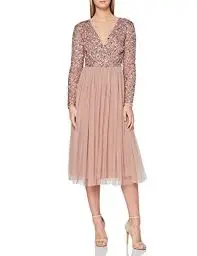 Produktbild: Maya Deluxe Damen Maya Faux Warp Front broderet Midi kjole Bridesmaid Dress, Pale Mauve, 54 EU