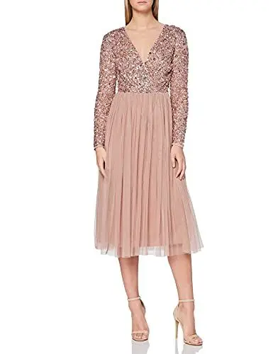 Produktbild: Maya Deluxe Damen Maya Faux Warp Front broderet Midi kjole Bridesmaid Dress, Pale Mauve, 54 EU