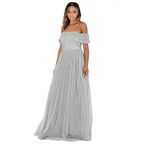 Produktbild: Maya Deluxe Damen Maya Soft Grey Bardot Embellished Maxi Dress Brautjungfernkleid, Soft Grey,EU 36