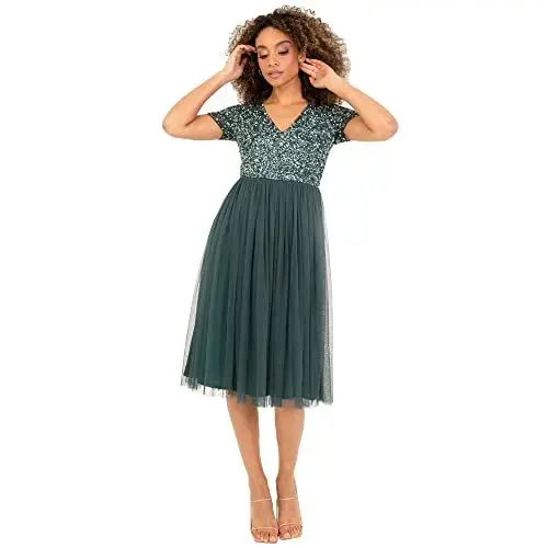 Produktbild: Maya Deluxe Damen Midi-Kleid mit V-Ausschnitt, Verziert Brautjungfernkleid, Emerald Green, 40