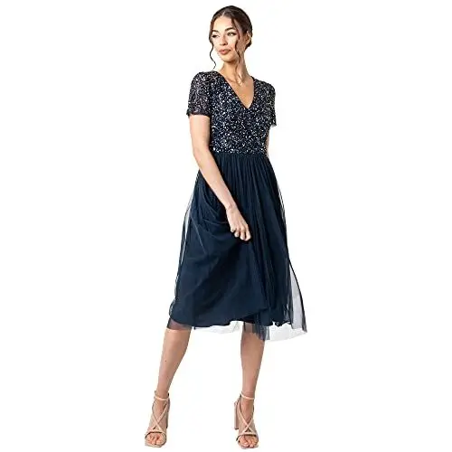 Produktbild: Maya Deluxe Damen Midi-Kleid mit V-Ausschnitt, Verziert Brautjungfernkleid, Navy, 42