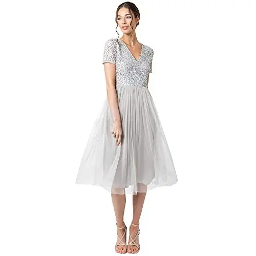 Produktbild: Maya Deluxe Damen Midi-Kleid mit V-Ausschnitt, Verziert Brautjungfernkleid, Soft Grey, 42