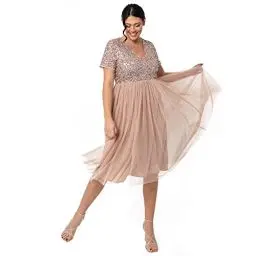 Produktbild: Maya Deluxe Damen Midi-Kleid mit V-Ausschnitt, Verziert Brautjungfernkleid, Taupe Blush, 44