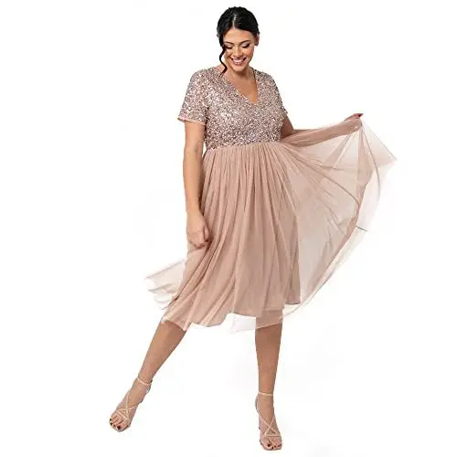 Produktbild: Maya Deluxe Damen Midi-Kleid mit V-Ausschnitt, Verziert Brautjungfernkleid, Taupe Blush, 44
