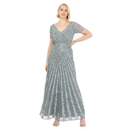 Produktbild: Maya Deluxe Damen Pailletten Maxi Abendkleid Elegant für Hochzeit V-Ausschnitt A-Linien-Schnitt Brautjungfernkleid, Misty Green, 36