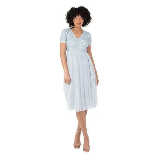 Produktbild: Maya Deluxe Damen Robe Soirée Midi Ornée D'un Col En V À Manches Courtes Pour Bal De Fin D'année, Mariage Brautjungfernkleid, Hellblau, 40