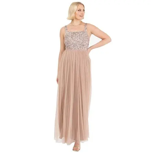 Produktbild: Maya Deluxe Damen Taupe Blush Strappy Delicate Sequin Maxi Bridesmaid Dress, 34 EU