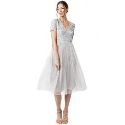 Produktbild: Maya Deluxe Damen Midi-Kleid mit V-Ausschnitt, Verziert Brautjungfernkleid, Soft Grey, 42