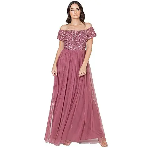 Produktbild: Maya Deluxe Damen Women's Bardot Dress for Women Maxi Embellished High Empire Waist Sleeveless Tulle Wedding Guest Brautjungfernkleid, Desert Rose, 40 EU