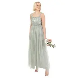 Produktbild: Maya Deluxe Women's Damen Maxikleid mit Breiten Trägern, Ärmellos, Quadratischer Ausschnitt, Verziert für Hochzeit, Gast, Abschlussball Bridesmaid Dress, Green Lily, 48