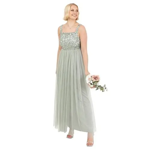 Produktbild: Maya Deluxe Women's Damen Maxikleid mit Breiten Trägern, Ärmellos, Quadratischer Ausschnitt, Verziert für Hochzeit, Gast, Abschlussball Bridesmaid Dress, Green Lily, 48