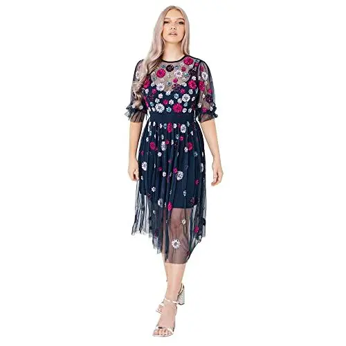 Produktbild: Maya Deluxe Damen Womens Ladies Dress Flower Sequin Embellishment 3/4 Puffed Sleeve High Waist Mesh Keyhole For Weddin Kleid, Navy, 38 EU