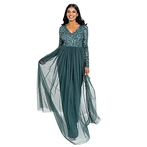 Produktbild: Maya Deluxe Damen Womens Ladies Dress Long Sleeve For Wedding Guest V Neck High Empire Waist Maxi Long Length Evening Kleid, Emerald Green, 42 EU