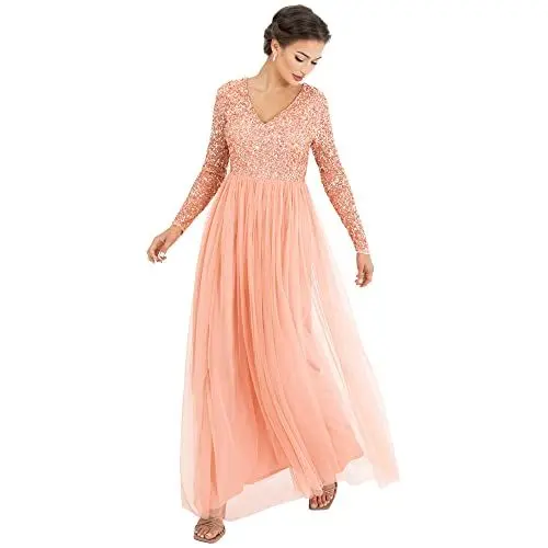 Produktbild: Maya Deluxe Damen Womens Ladies Dress Sleeve for Wedding Guest V Neck High Empire Waist Maxi Long Length Evening Bridesmaid Prom Kleid, apricot, 52