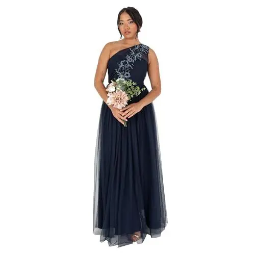 Produktbild: Maya Deluxe Damen Women's Ladies Maxi Dress Sleeveless One Shoulder Sequin Embellished Tulle Split Slit A-line for Evening Prom Ball Gown Kleid, Navy Blue, 32