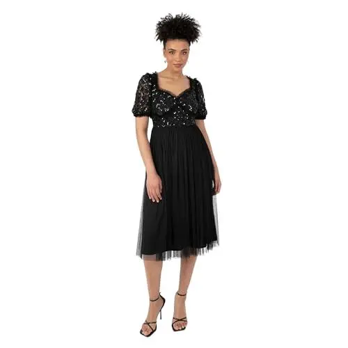 Produktbild: Maya Deluxe Damen Women's Ladies Midi Dress Short Puff Sleeves Sweetheart Neckline 3D Floral Embellished Ruffle Tulle A-line Occasion Kleid, Black, 38