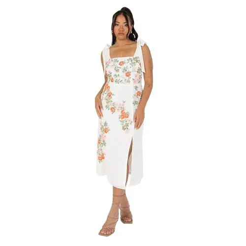 Produktbild: Maya Deluxe Women's Ladies Midi Square Neck Sleeveless Tie Shoulder Floral Embellished Slit Split for Wedding Guest Special Occasion Dress, Ecru, 48